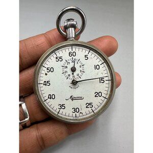 Vintage Minerva Stop Watch Silver Tone Not Working Selling for Parts No Crystal